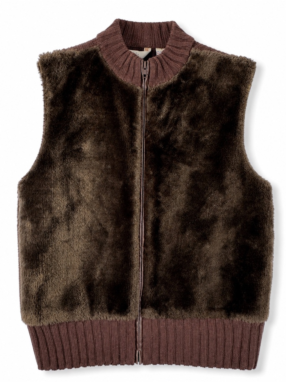 VTG Tiara Faux Fur Ramie Knit Zip Vest Brown Cozy Y2K Cottage Large